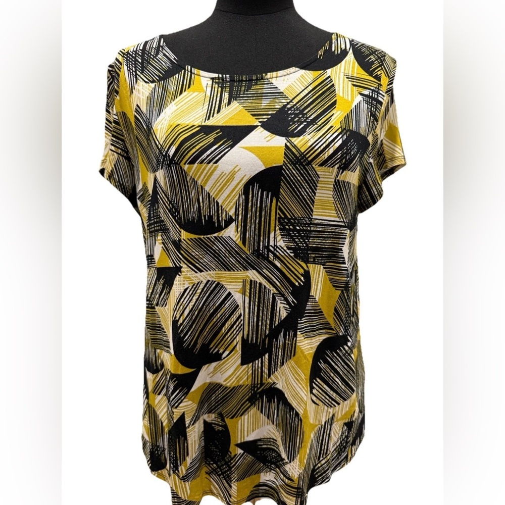 Alfani Women's Short Sleeve Black and Yellow  Blouse, Size Petite Large